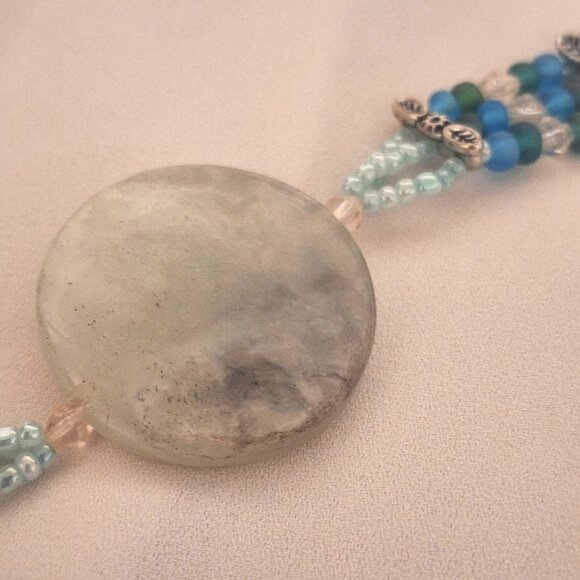 Artisan Beaded 3 Strand Green Blue Gemstone Frosted Glass and Crystal Bracelet - Picture 3 of 6